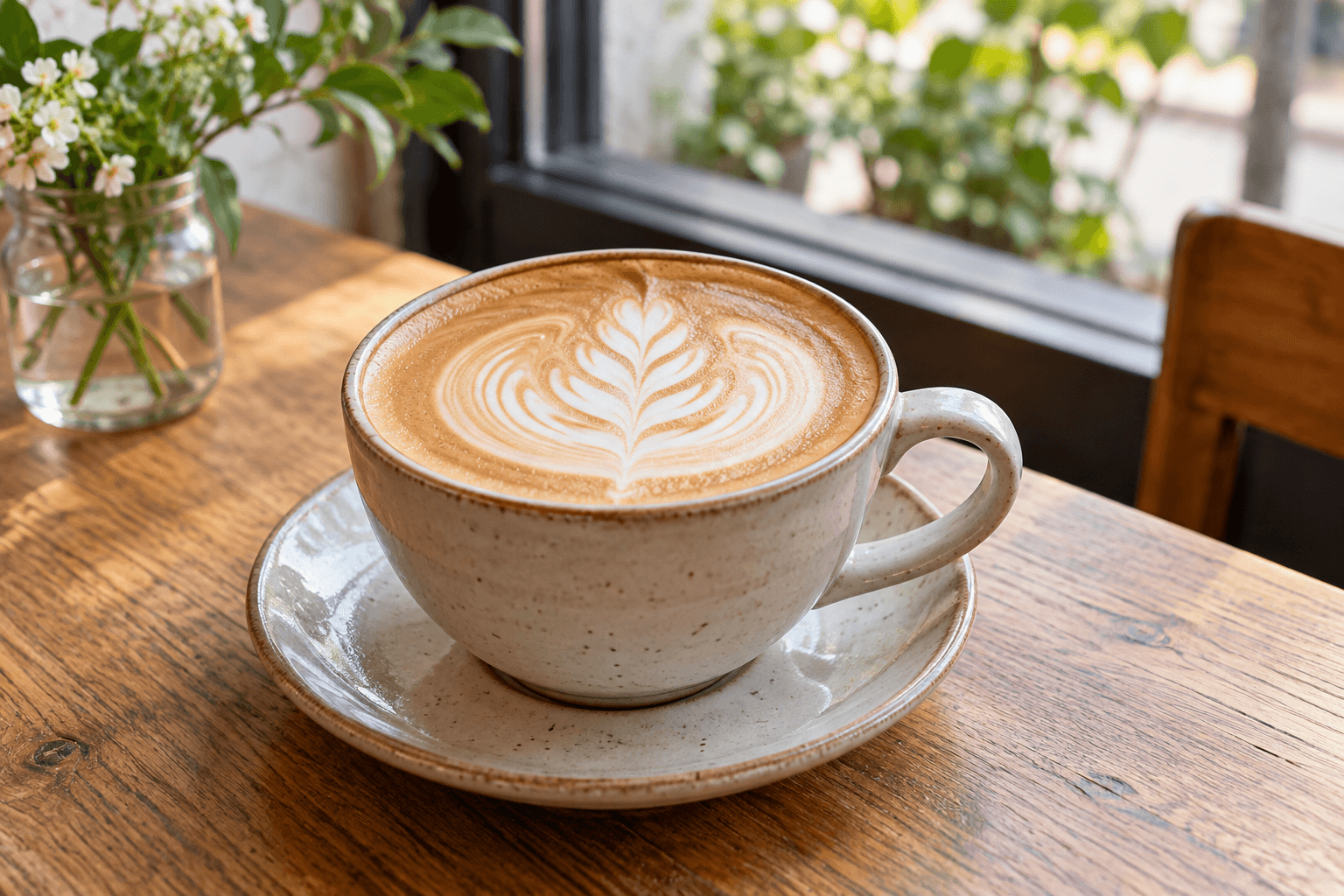 カフェの木のテーブルに置かれたラテ